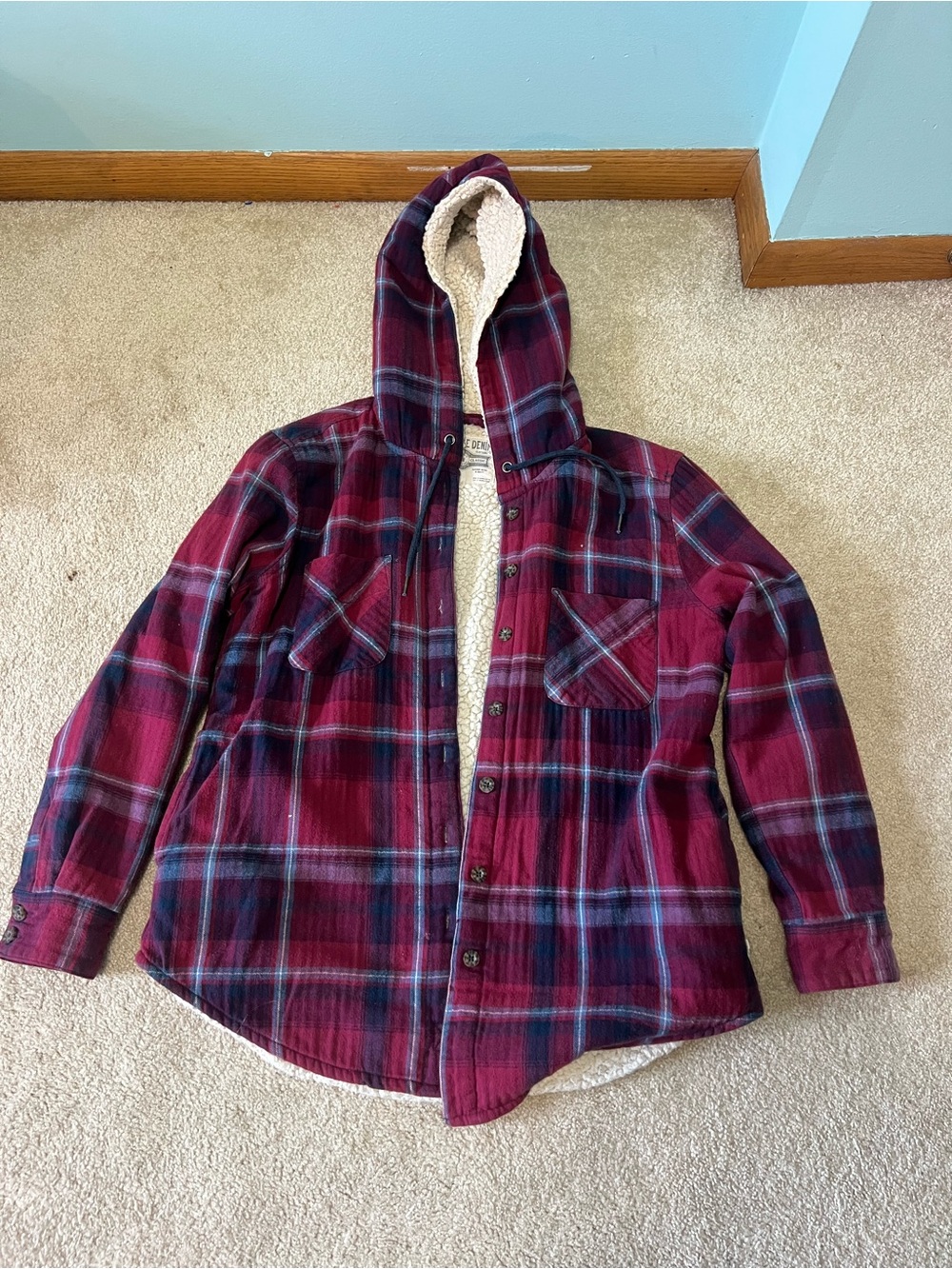 Garage Red Plaid Sherpa-Lined Hooded Puffer Jacket